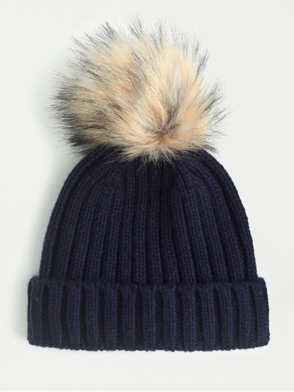 J Crew Navy Ribbed Knit Hat with Faux Fur Pom